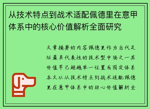 从技术特点到战术适配佩德里在意甲体系中的核心价值解析全面研究